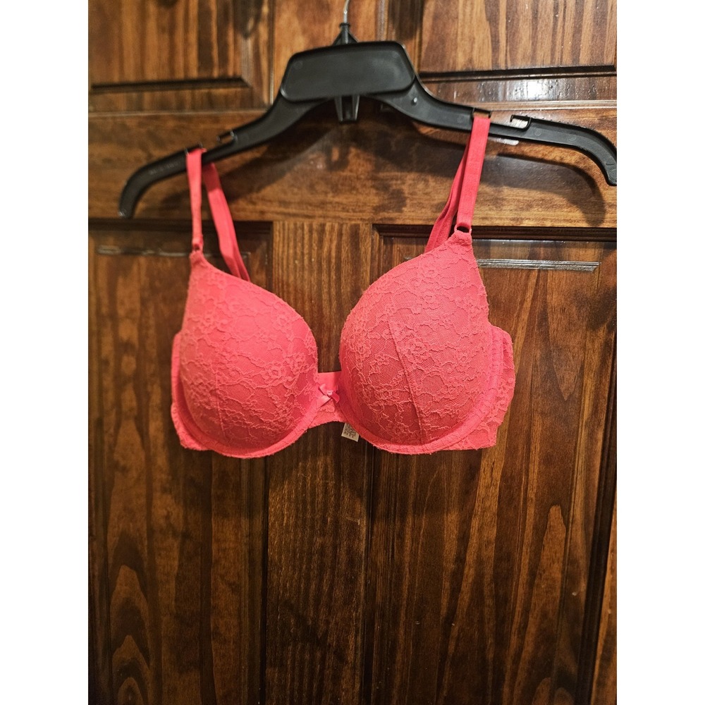 Victorias Secret 34DD Demi Red Bra Lace Floral Underwire Two Snaps